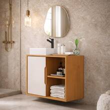Gabinete de Banheiro Luxo Com Pia em Resina Uma Porta Prateleira e Nicho Baren Cores nature off - Marrom - Visão 1