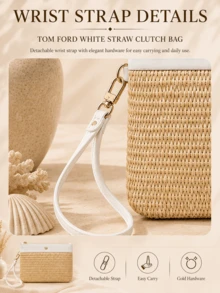 Tom Ford TF White Straw Clutch, 21*14cm, Woven With Wrist Strap, Spacious Capacity, Perfect For Organizing Makeup And Small Essentials During Vacations - Multicolor - View 7