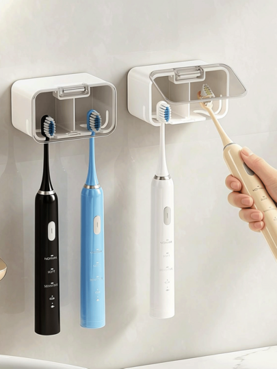 Bathroom Toothbrush Holder, Modern Wall-Mounted With Transparent Cover Compartment Storage Toothbrush Rack, Electric Toothbrush Storage Box, Suitable For Men, Women And Families, Home, Rental, Dorm And Apartment Bathroom Storage Rack