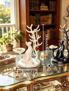 1/2pcs 3D Cat Jewelry Tree Holder With Jewelry Tray, Multi-Functional Desktop Jewelry Storage Rack, Suitable For Rings, Earrings, Necklaces, Perfect Gift For Girlfriend, Lover Or Yourself - Multicolor - View 6