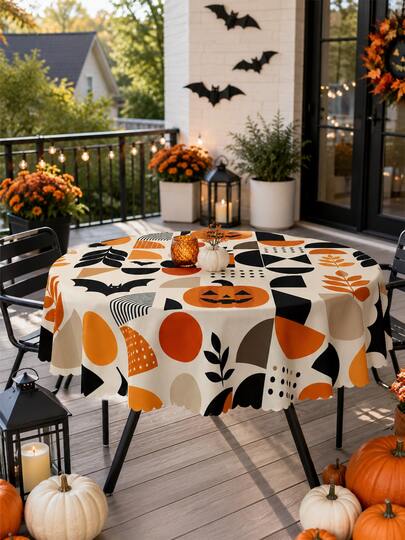 1pc-Geometric Halloween Tablecloth, Orange And Black Bat Pumpkin Lantern Leaf Table Cover, Bohemian Autumn Spooky Tablecloth, Indoor And Outdoor Restaurant Terrace Halloween Party Table Decoration.