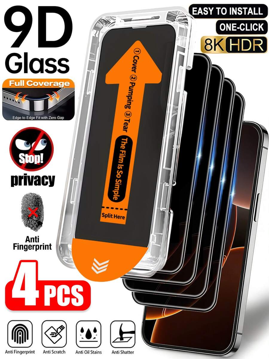 CASECOPS 4片裝隱私鋼化玻璃螢幕保護貼，一鍵無塵安裝，相容 iPhone 17 Pro Max/17 Pro/17/16 Pro Max/16/15 Pro/14/13/12/11/X/E/Plus/Mini 系列，3D 曲面全覆蓋，9H 硬度，28° 隱私防窺，防刮耐衝擊，高觸控靈敏度，防指紋防油，相容手機殼
