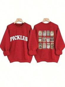 [Olive Green Sweatshirt] Soft Olive Green Crewneck Sweatshirt |       PICKLES Letter Print & Pickle Jar Graphic - Mid-Stretch Fabric, Machine Washable - 紅色 - 查看 12