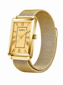 1PC Men's Gold Stainless Steel Milanese Magnetic Watch, Square Dial With Roman Numerals And Date Display, Alloy Case Business Fashion Men's Watch, Fashionable Men's Magnetic Strap, Christmas Gift, Anniversary Gift For Men - Gold - View 8