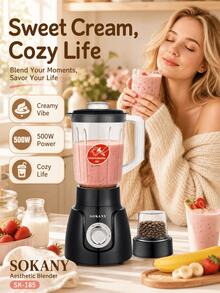 SOKANY 500W 2-In-1 Blender And Grinder, 1.6L Capacity Cup, Ice Crushing, 4 Stainless Steel Blades, 2-Speed And Pulse Control, With Coffee Bean And Spice Grinding Cup, Suitable For Milkshakes And Home Kitchen - Black - View 3
