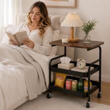 2-Tier Rolling Side Table Cart With Walnut Top, Mobile Storage Organizer With Mesh Baskets & Wheels, Compact Bedside Table For Bedroom, Living Room & Home Office - Black Storage Rack With Trolley - View 5