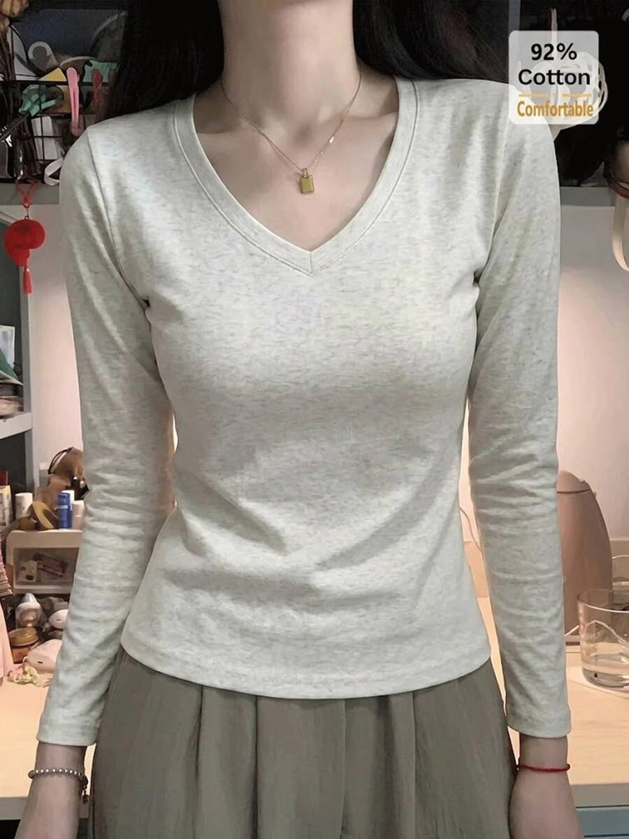 Women's Floral Grey V-Neck Long Sleeve T-Shirt, Autumn/Winter Inner Layer Base Top, Slim Fit Flattering Solid Color Commuter Blouse Casual - Gray - View 1
