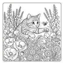 Libro para colorear de gatos en el jardín, audaz y fácil: lindo gato naranja esponjoso rodeado de rosas, flores silvestres y mariposas, ilustraciones de gatitos florales con contornos gruesos y simples para adultos y principiantes, alivio del estrés - DJ-029 Jardín de gatos - Ver 7