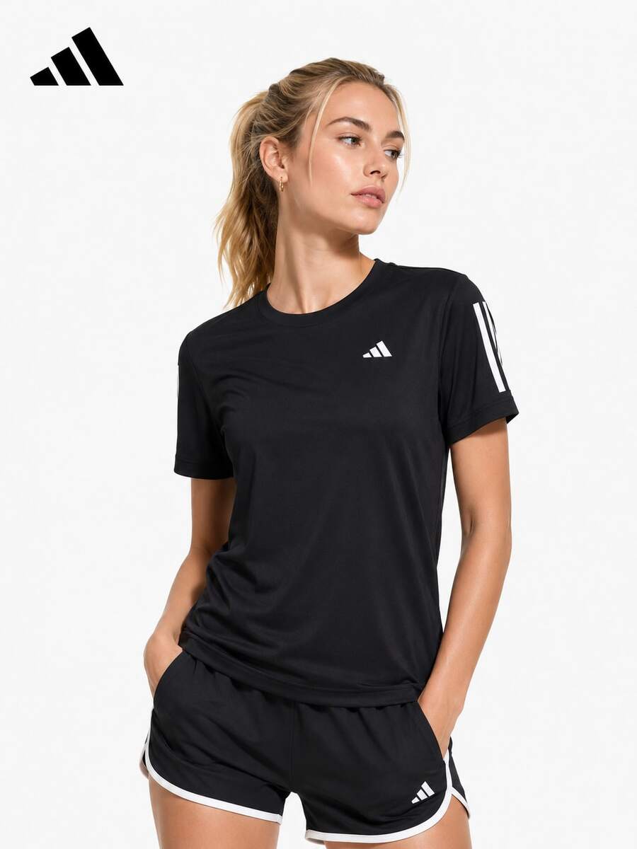 Adidas Kaos Olahraga Lengan Pendek Tiga Garis Klasik untuk Wanita di Musim Panas - Hitam - View 1