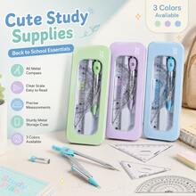 7-Piece Geometric Tool Set With Metal Pencil Case, Portable Math Tool Kit Including Compass, Ruler, Protractor, Triangle Ruler, Suitable For Students Back To School Supplies - Sets - View 2