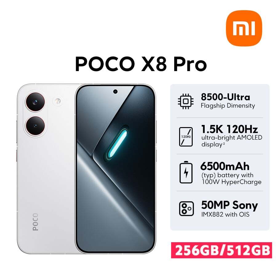 Xiaomi POCO X8 Pro 5G 智慧型手機，NFC，搭載 Xiaomi HyperOS 3，金屬機身，旗艦品質，Dimensity 8500 超強八核心 CPU 最高 3.4GHz，LPDDR5X+UFS 4.1，6500mAh 大電池支援 100W HyperCharge，反向充電最高 27W，PD3.0/PD2.0，5.59" 2756 X 1268 1.5K 120Hz 超亮 AMOLED 螢幕，50MP Sony IMX882 主相機配備 OIS，IP68 防塵防水，藍牙 6.0