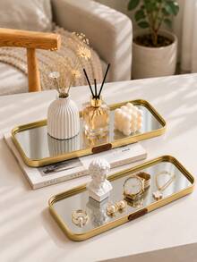 1 pieza Bandeja de tocador de vidrio espejado dorado de lujo nórdico con detalle HOME, organizador decorativo para perfume, cosméticos, cuidado de la piel & joyería, adecuado para baño, dormitorio & decoración de tocador - rectángulo - Ver 6