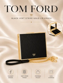 Tom Ford TF Black Vertical Stripe Gold-Trimmed Lipstick Pouch, 10.5*10.5cm, With Wrist Strap And Built-In Storage Slot, Perfect For Carrying Lipstick Or As A Delicate Gift - Black - View 2