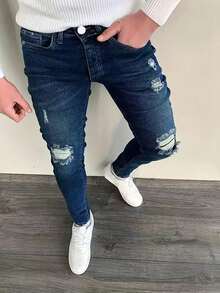 男士美式品牌修身休閒居家舒適顯身材熱門牛仔長褲 - 深色水洗藍 - 查看 4