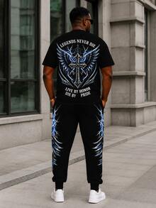 Plus Size Men's 2-Piece Set, Round Neck Graphic T-Shirt + Men's Jogger Pants, "Eagle + Lightning" Print Casual Outfit, Streetwear Series, Men's Summer Clothing - Polyester Fabric, Drawstring, Pockets, Suitable For Plus Size - Black - View 4