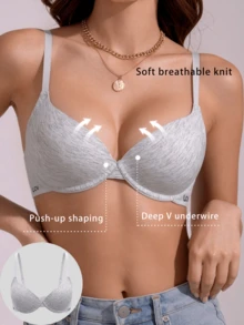 Women's Letter Print Underwire Deep V Push-Up Bra, Adjustable Spaghetti Strap Minimalist Everyday Style - Grey - View 1