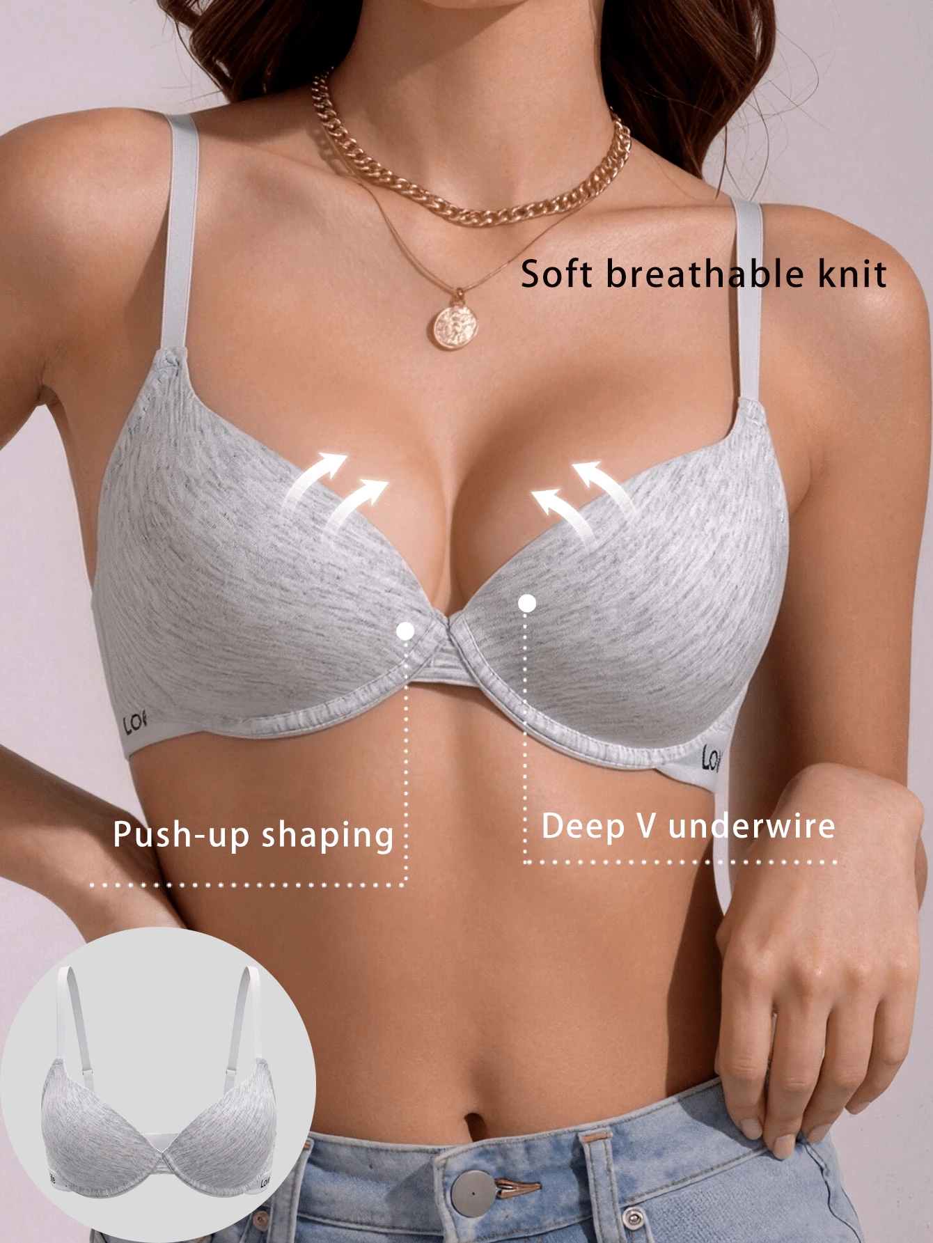 Women's Letter Print Underwire Deep V Push-Up Bra, Adjustable Spaghetti Strap Minimalist Everyday Style - Grey - View 1
