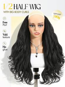 21 Inch Yaki Curly Wave Half Wig, Synthetic Hair Free Parting 1/2 Wig, Big Curly Body, Natural Blending Front Half Wig, Quick Wear Protective Hairstyle, Lightweight And Soft, Clip-In Half Wig, Wavy Synthetic Hair Wig, Black With Brown Highlights, Halloween - Multicolor - View 2