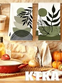 2pcs Medieval Modern Bohemian Abstract Leaf Print Kitchen Towels, Sage Green Neutral Geometric Pattern Absorbent Decorative Napkins Hand Towels, Minimalist Kitchen Home Gift - Dark Green - View 3