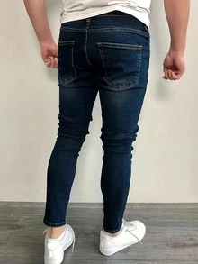 男士美式品牌修身休閒居家舒適顯身材熱門牛仔長褲 - 深色水洗藍 - 查看 5