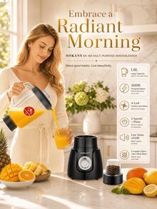 SOKANY Alat Pembuat Jus Multifungsi, Blender, Penggiling, Penggiling Daging, Dengan Gelas Penggiling, Multifungsi, Pisau Stainless Steel, Pembuatan Jus Cepat, Penggilingan Daging, Pembuatan Jus, Penggilingan Kopi, Kapasitas Besar 1,6L, 2 Kecepatan yang Dapat Diatur, Mudah Dibersihkan dan Disimpan, Cocok untuk Penggunaan di Rumah. - Hitam - View 11