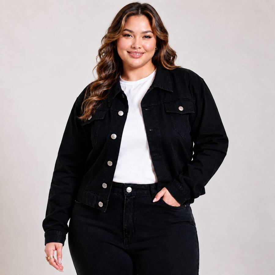 Jaqueta Jeans Plus Size - Preto - Visão 1