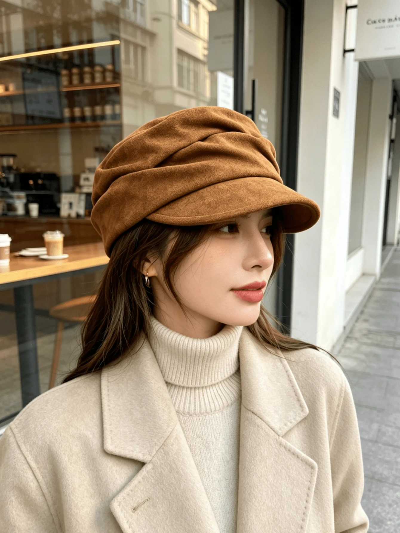 1pc Women's Autumn/Winter Brushed Brushed Slimming Equestrian Cap, Versatile Pleated Flat Top Duck Bill Hat, - Solid Color Dumpling Equestrian Hat - View 1