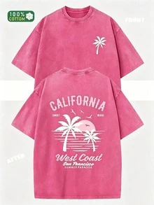 230g Heavyweight Washed Vintage T-Shirt For Women - Loose Fit Round Neck Short Sleeve, California Beach Surf And Palm Tree Print, Casual Summer Wear - 玫紅色 - 查看 13