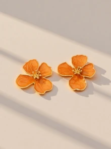 1 Pair Orange Ombre Metal Drippy Asymmetric Earrings, Suitable As Wedding Gift For Women - Orange - View 2