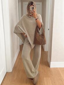 Women's 2pcs Y2K Minimalist Beige Shawl Knit Top & Wide Leg Pants Set, Loose Sweater Loungewear Streetwear Outfit, Autumn/Winter - Oat - View 7