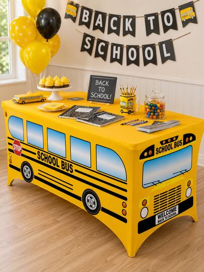 Schulanfang Schulbus Thema elastische Tischdecke, Willkommen Schulanfang Klassenzimmer Party Dessert Tischdecke, geeignet für Schulveranstaltungen, Geburtstagsfeiern und Innenraum Tischdekoration