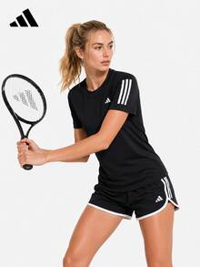 Adidas Kaos Olahraga Lengan Pendek Tiga Garis Klasik untuk Wanita di Musim Panas - Hitam - View 4