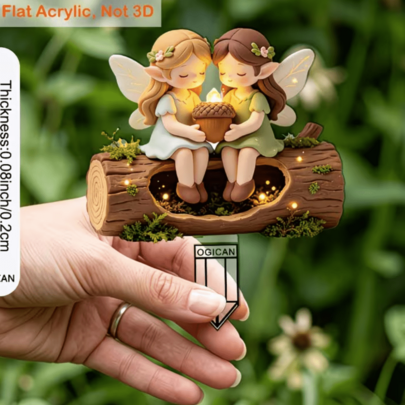 2D Flat, [2D Flat] 1pc OGICAN Garden Stake With Base - Two Elves Holding Acorns On Natural Wood, Farmhouse/Country Style Outdoor Decor, Acrylic Yard Art, Suitable For Flowerbeds, Paths, Front Yards, Fantasy Gift For Gardening Enthusiasts And Housewarming, 2D Flat