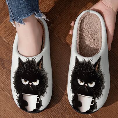 1 Pasang Sandal Kasual Motif Kucing Hewan, Aplikasi Kain, Halloween, Kartun Hewan, Cetak Panas, Sandal Rumah Musim Dingin, Anti Selip, Lapisan Bulu Halus, Motif Hewan Lucu