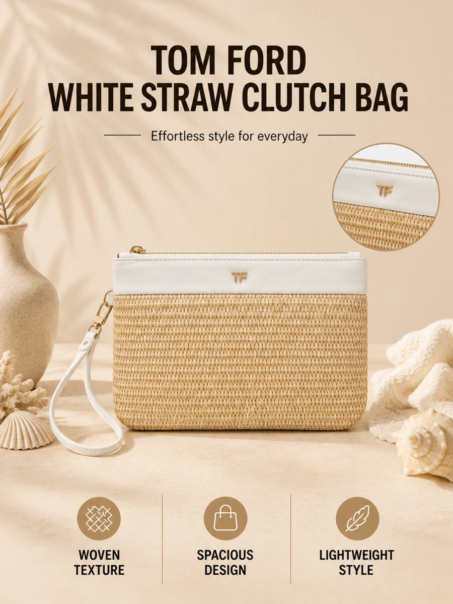 Tom Ford TF White Straw Clutch, 21*14cm, Woven With Wrist Strap, Spacious Capacity, Perfect For Organizing Makeup And Small Essentials During Vacations