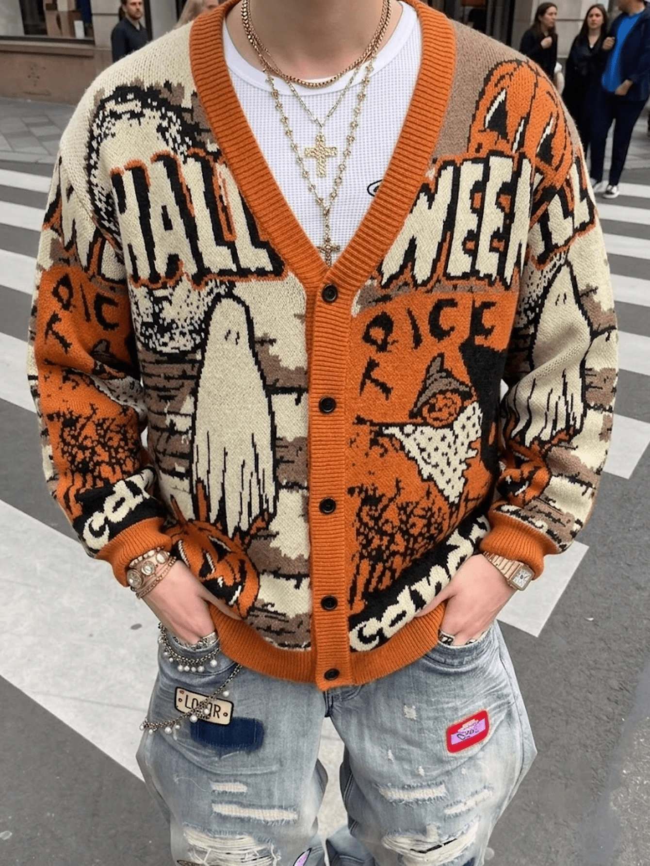 ANDREILEE Halloween Autumn Winter Men's New Casual Loose Minimalist Atmosphere Fun Cartoon Pattern English Letter Cute Style Button V-Neck Cardigan Knit Long Sleeve Jacket - Orange - View 1