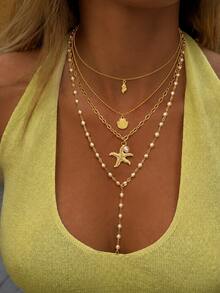 4pcs Minimalist Fashion Elegant Luxurious Sexy Y2K Style Faux Pearl Faux Shell Starfish Conch Marine Life Y-Shaped Necklace Set For Women, Suitable For Vacation, Party, Date, Beach, Daily Wear, Banquet, Versatile Combination, Gift For Mother, Sister, Friend, Holiday - Golden - View 3