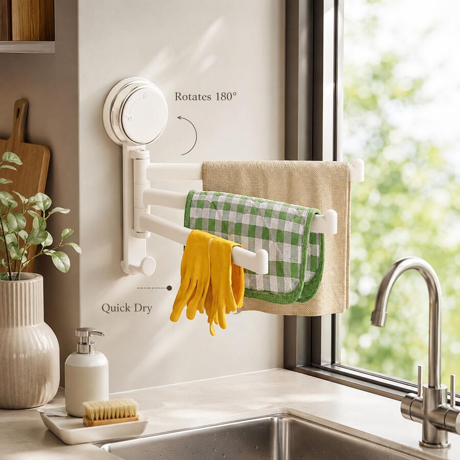 Best-Selling 180° Rotatable Multi-Rod Kitchen Towel Rack, Strong Suction Cup No-Drill Wall-Mounted Dishcloth Drying & Storage Rack, High-Rated Quick-Dry Sink, Window Sill, Bathroom Storage Rack, Space-Saving Essential Kitchen Accessory - Multicolor - View 1