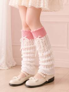 Wavy Ruffle Hollow Knit Leg Warmers With Bow And Wooden Bead Decor, Sweet Lolita Ballet Style Thin Layering Calf Sleeves For Women, Spring Summer Autumn Versatile Leg Protectors - Multicolor - View 3