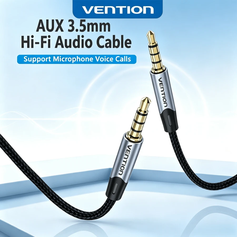 VENTION 3.5mm Aux 音訊線附麥克風,公對公 Hi-Fi 立體聲 Aux 線,支援語音通話,適用於汽車 AUX 介面、耳機、喇叭、平板電腦 - 查看 1