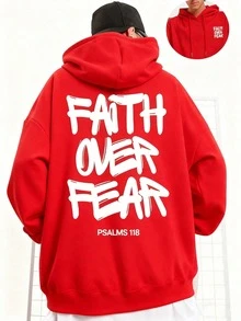 Faith Over Fear, Letter Print Pocket Hoodie, Men's Casual Long-Sleeve Drawstring Style, Autumn & Winter New-Unisex Loose-Fit Hooded Sweatshirt-K88 - 紅色 - 查看 13