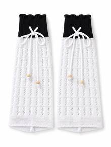 Wavy Ruffle Hollow Knit Leg Warmers With Bow And Wooden Bead Decor, Sweet Lolita Ballet Style Thin Layering Calf Sleeves For Women, Spring Summer Autumn Versatile Leg Protectors - Multicolor - View 7