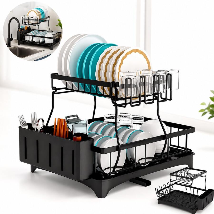Escurridor de Trastes Acero Inoxidable, Escurridor de Platos de 2 Niveles, Estante para Secar Platos sobre el Fregadero para Platos para Organizar la Cocina (Negro) HG057 - Ver 1