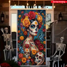 1 pieza Tela de fondo estilo pintura al óleo del Día de Muertos mexicano, tela colgante con decoración floral de mujer calavera de azúcar, cortina vertical para puerta de fiesta del Día de Muertos, decoraciones de Halloween de no muertos - A - Ver 1