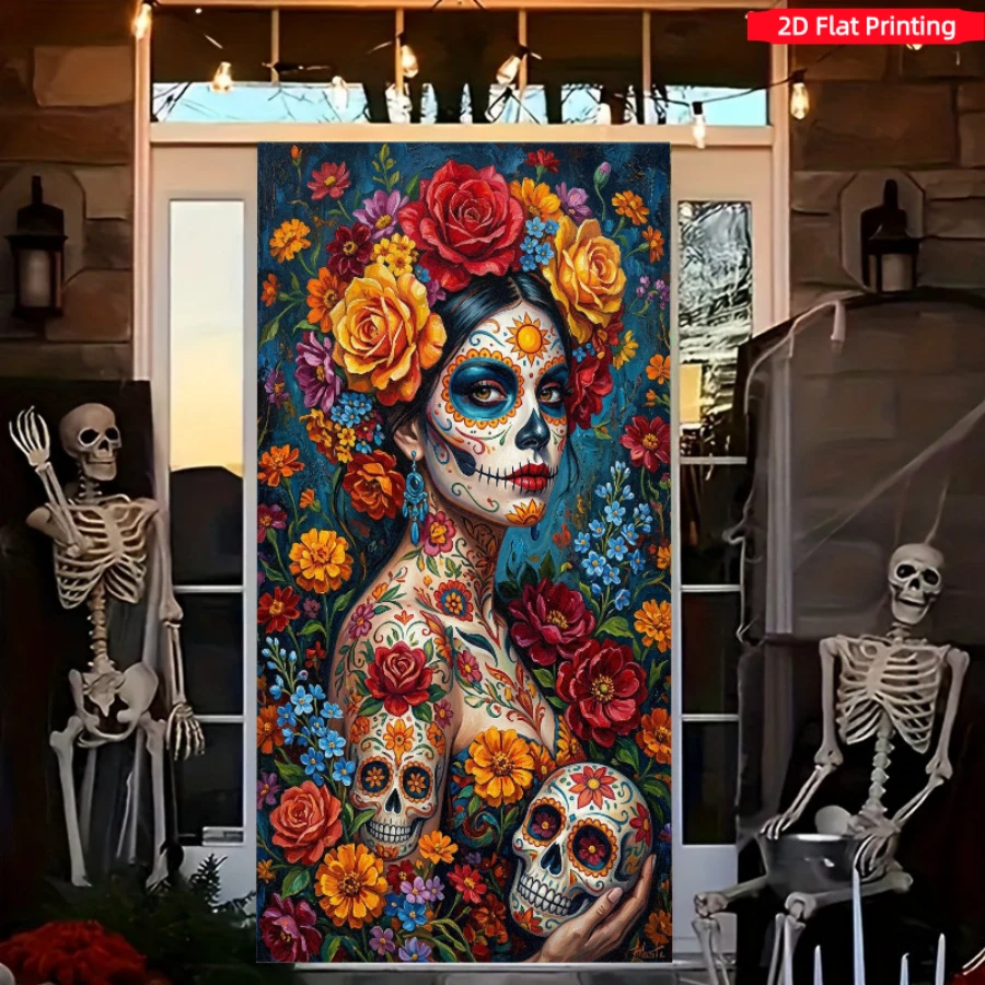 1 pieza Tela de fondo estilo pintura al óleo del Día de Muertos mexicano, tela colgante con decoración floral de mujer calavera de azúcar, cortina vertical para puerta de fiesta del Día de Muertos, decoraciones de Halloween de no muertos - A - Ver 1