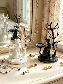 1/2pcs 3D Cat Jewelry Tree Holder With Jewelry Tray, Multi-Functional Desktop Jewelry Storage Rack, Suitable For Rings, Earrings, Necklaces, Perfect Gift For Girlfriend, Lover Or Yourself - Multicolor - View 4