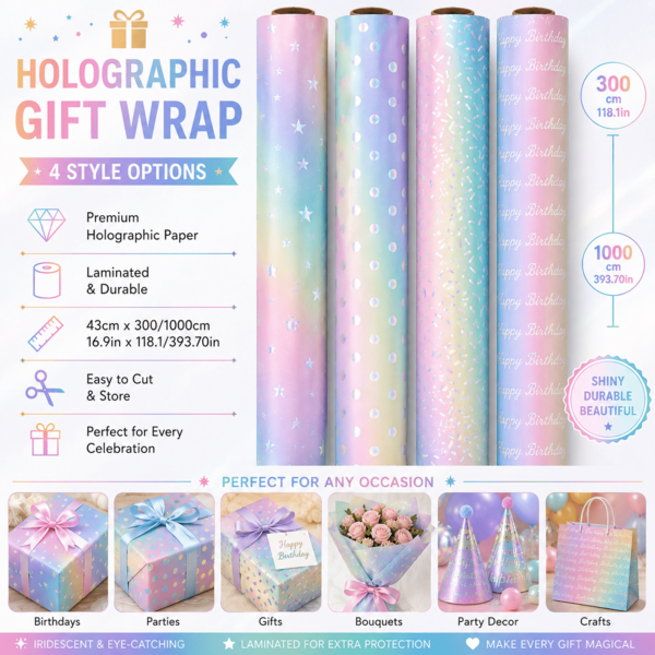 4 Rolos de Papel de Embrulho Macaron com Degradê Suave, Estampa Iridescente de Letra/Estrela/Confete/Bolinhas de Feliz Aniversário, Papel de Embrulho para Caixa de Presente e Buquê de Festa de Aniversário