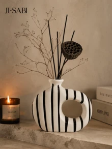1pc Wabi-Sabi Style Abstract Hollow Ring Reed Diffuser Vase, Black Vertical Stripe White Base, Modern Minimalist Dried Flower Fragrance Bottle, Living Room Entryway Desktop Aesthetic Decor Gift - Black and White Striped Aromatherapy Bottle - View 6