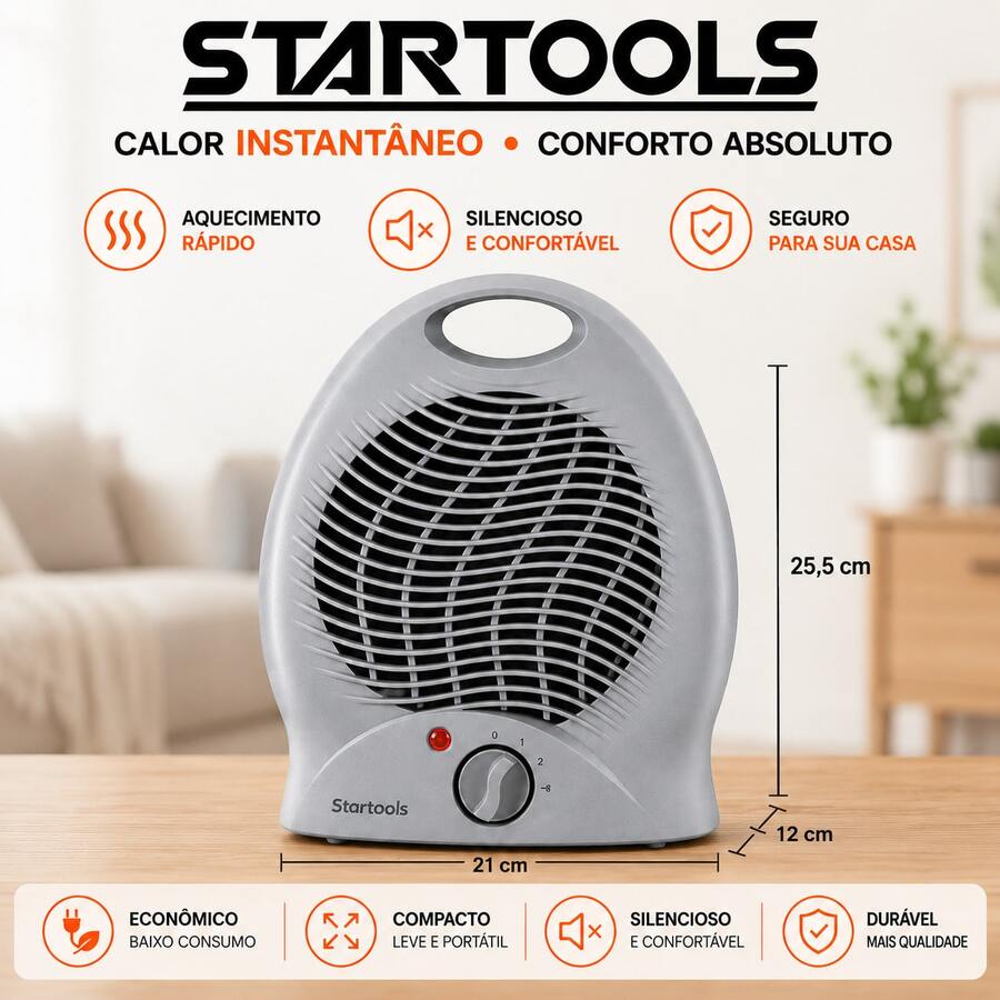 Aquecedor de Ar Elétrico 2000W | 220V STARTOOLS Cinza Portátil 2 Níveis Temperaturas - Entrada do Brasil (220V) - Visão 1