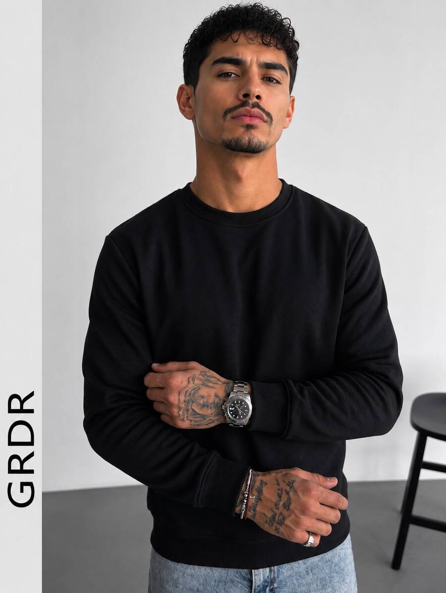 Men's Casual Versatile Solid Color Crew Neck Sweatshirt - Black - View 1